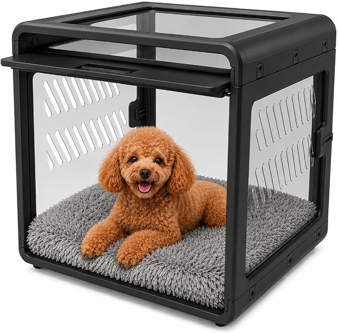 Front Row Clear Panel Dog Crate Furniture, Enclosed Dog Bed, Black | Indoor Dog House for Breeds Up to 25 lbs, Lift-Up Hideaway Door, Ventilated, Removable Casters, BPA Free Panels