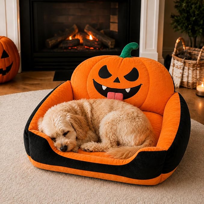 Christmas Halloween Themed Pet Bed, Soft Plush Bolster Cuddler, #F | Cat Dog Beds with Supportive Bolsters, Cute Soft Plush Pet Bed, Washer Dryer Friendly, Pet Beds for Small Dogs Cats