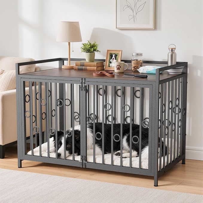 IronovaPets 42" Dog Crate Furniture Style, Decorative Wooden Dog Cage | End Table with Storage Shelf, Dog Kennel Indoor for Medium to Large Dogs, Circular Design, Escape-proof Locks, Brown