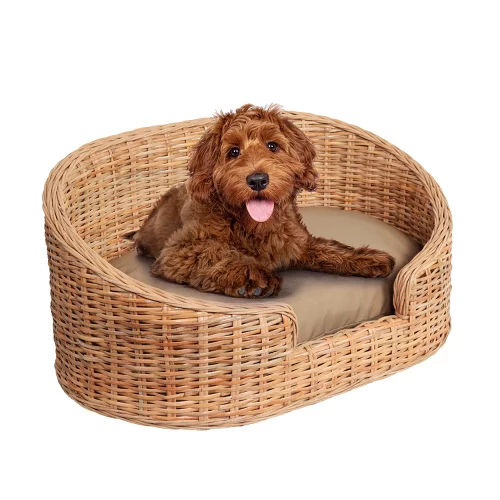 THE LICKER STORE Curvy Classic Handwoven Rattan Dog Bed with Machine-Washable Cushion
