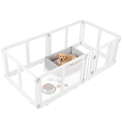 Costway Clear Dog Playpen Transparent Pet Fence w/Door & Double Safety Locks 6 Panels White
