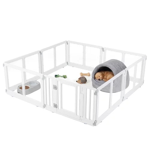 Costway Clear Dog Playpen Transparent Pet Fence w/Door & Double Safety Locks 8 Panels White