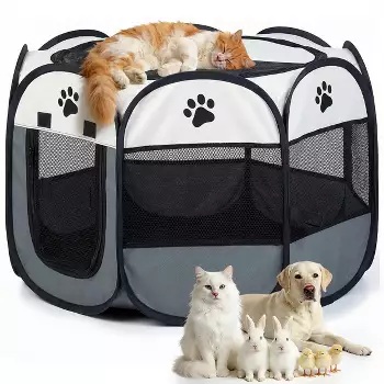 GOTGELIF Pop-Up Pet Playpen with 360° Breathable Mesh, Zippered Top & Door, Foldable Travel Puppy & Small Animal